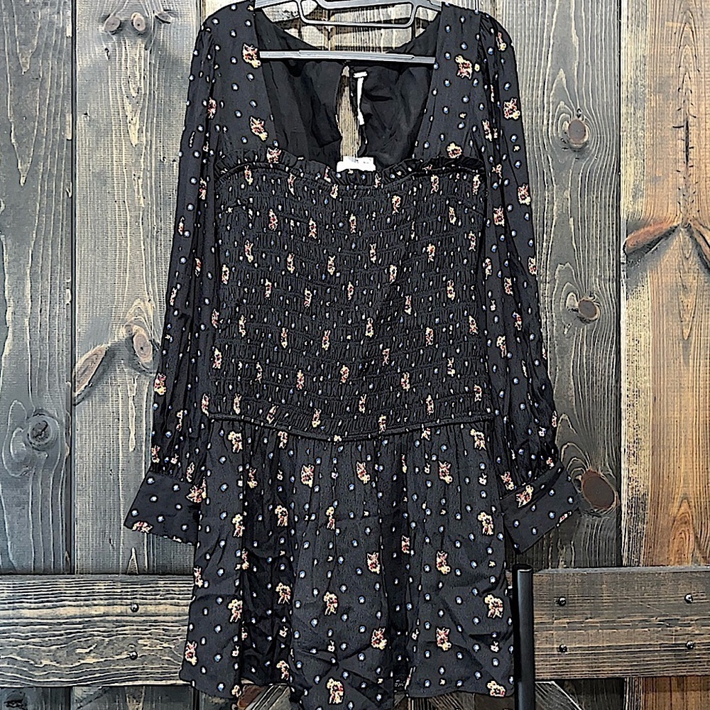 NWT Free People‎ Mini Dress Floral Smocked Square Neck S XS Black Boho